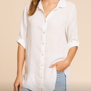 Rosemarine Italy White 100% Linen Button Front Tunic Top Size Large Tab Sleeves